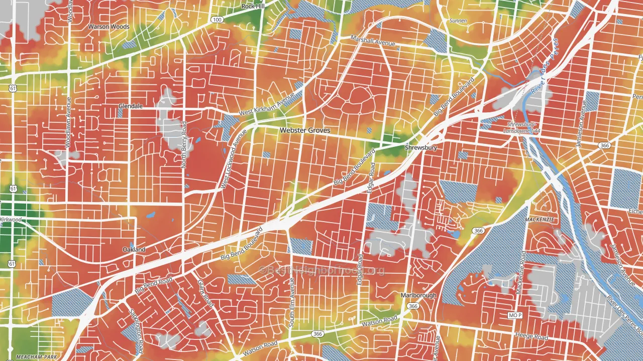 Walk Grade map of Webster Groves, MO, walkable areas in green and car-dependent areas in red