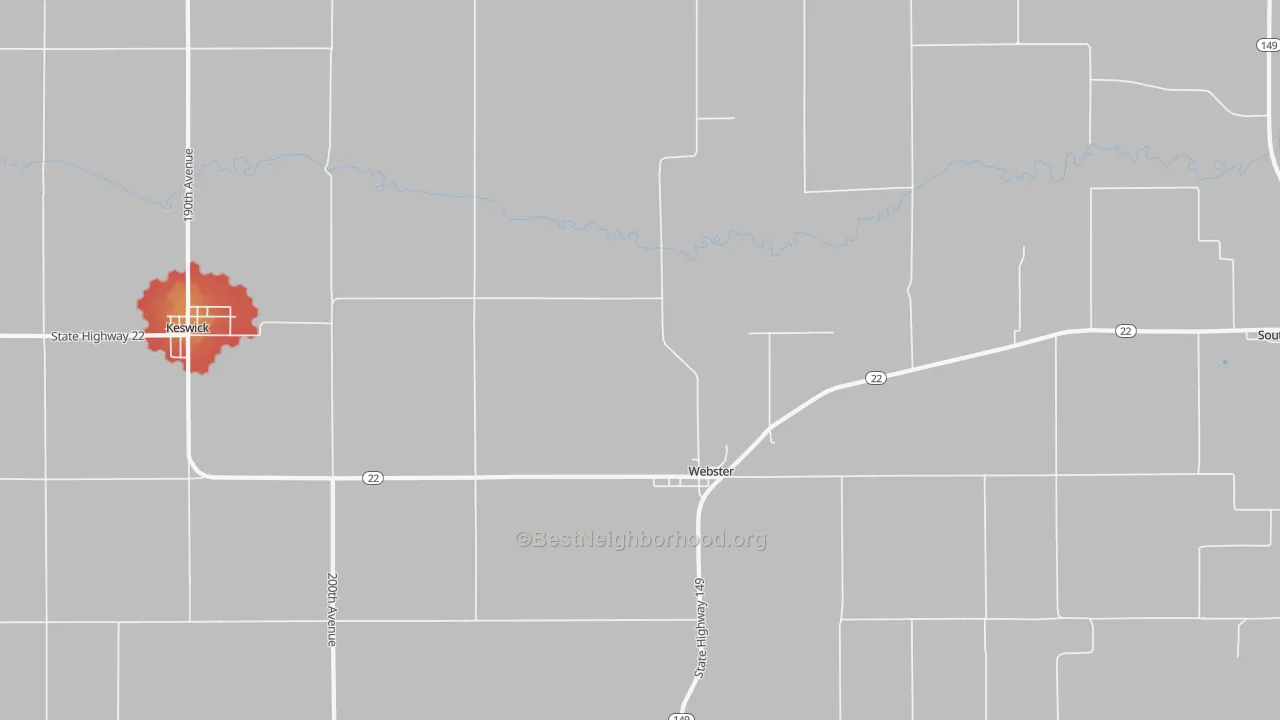 Walk Grade map of Webster, IA, walkable areas in green and car-dependent areas in red