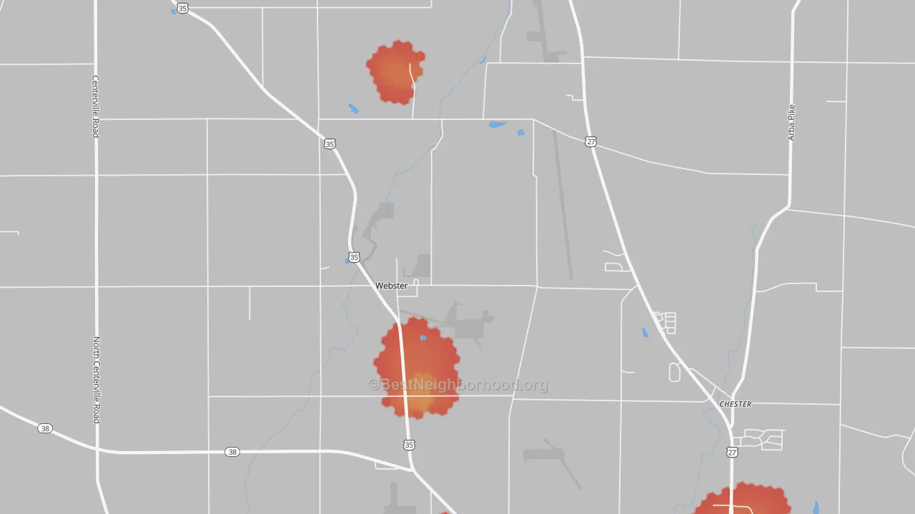 Walk Grade map of Webster, IN, walkable areas in green and car-dependent areas in red