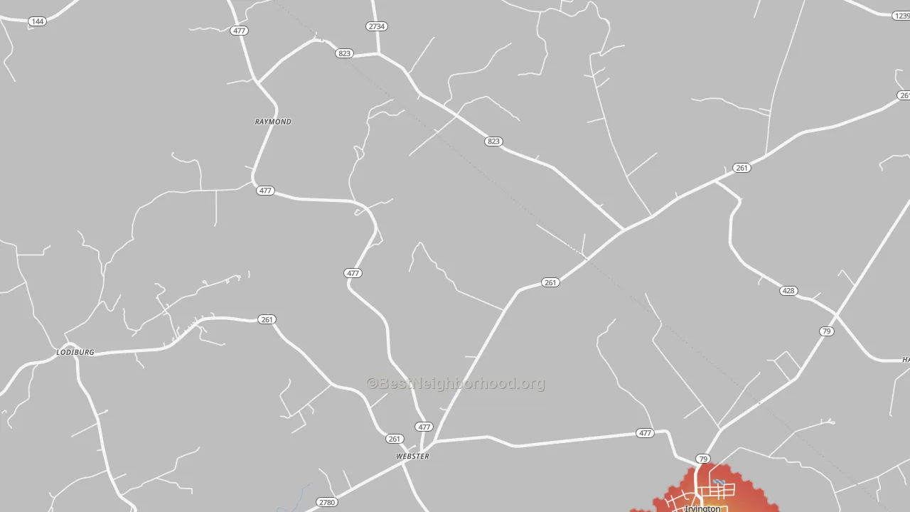 Walk Grade map of Webster, KY, walkable areas in green and car-dependent areas in red