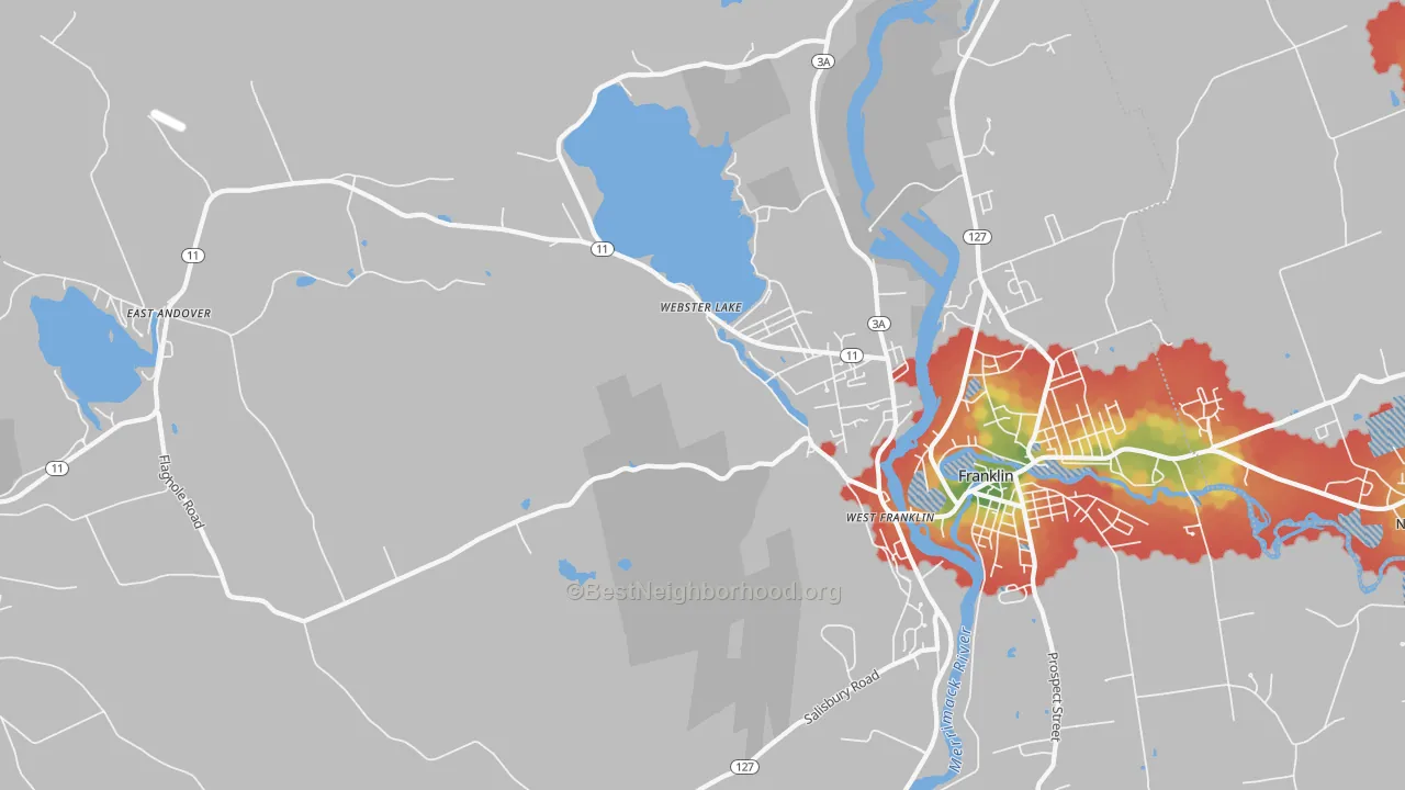 Walk Grade map of Webster Lake, NH, walkable areas in green and car-dependent areas in red