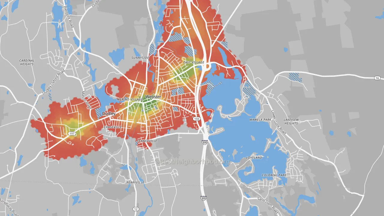 Walk Grade map of Webster, MA, walkable areas in green and car-dependent areas in red