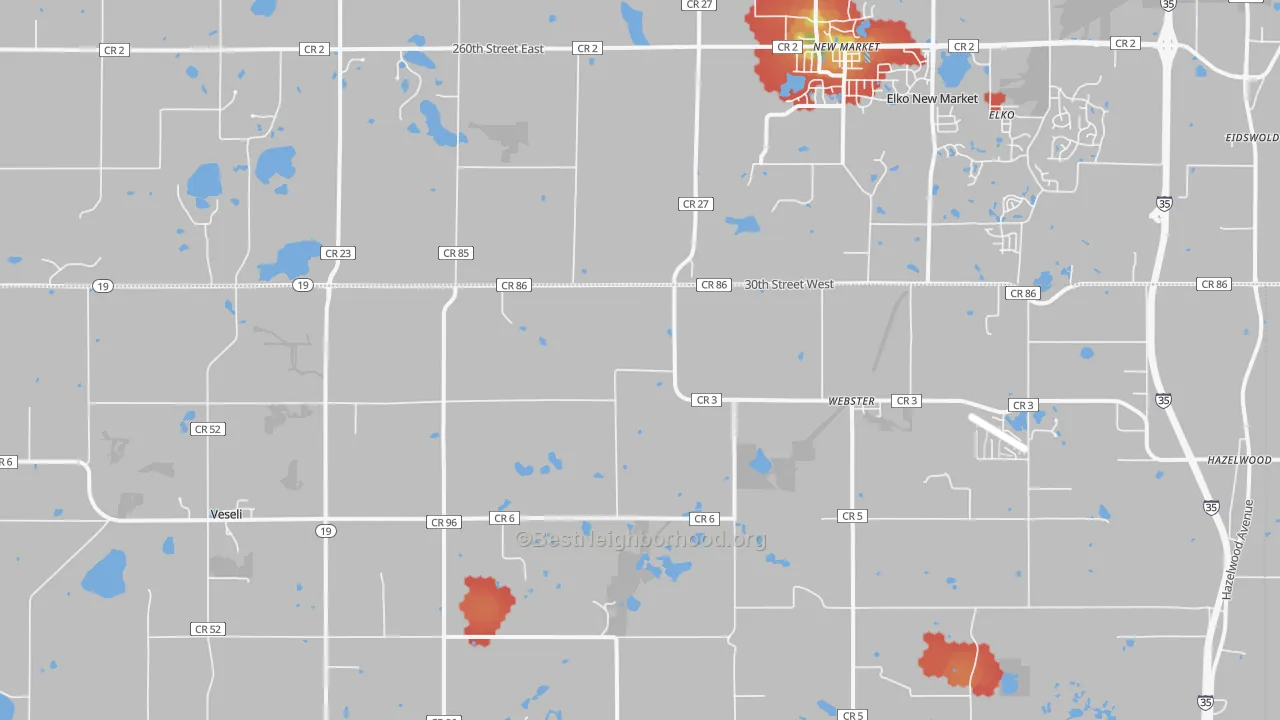 Walk Grade map of Webster, MN, walkable areas in green and car-dependent areas in red
