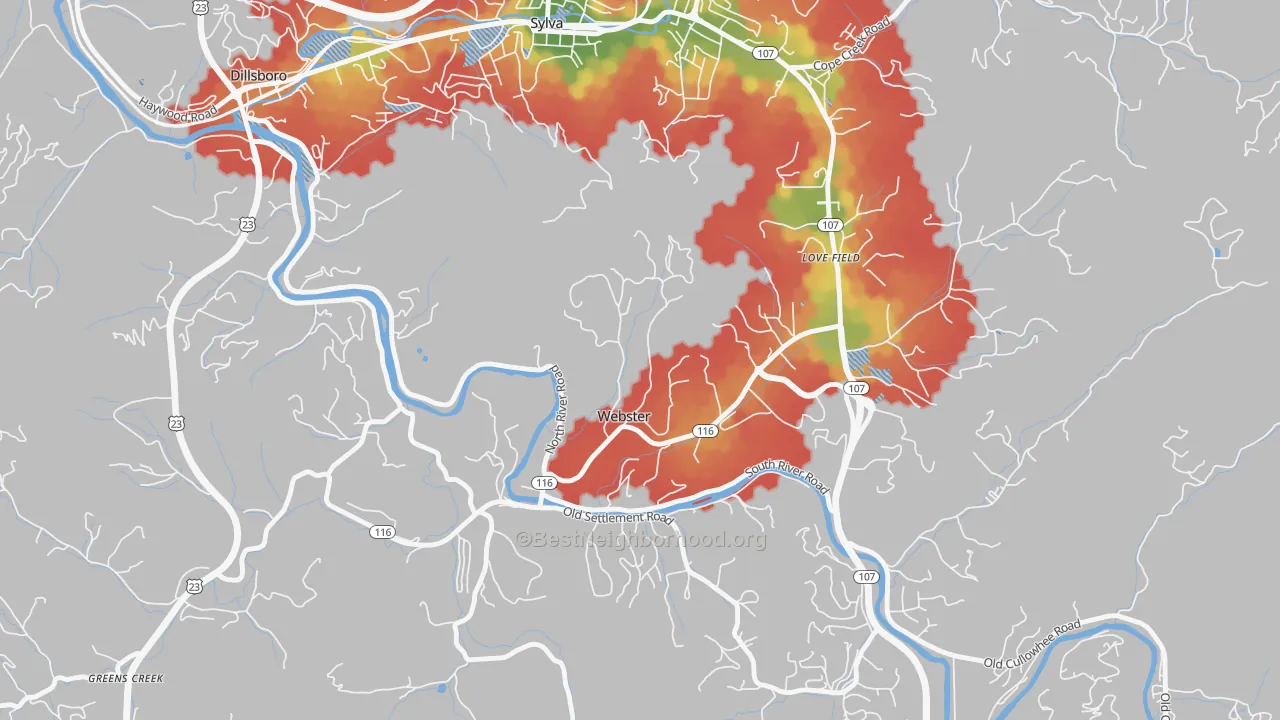 Walk Grade map of Webster, NC, walkable areas in green and car-dependent areas in red
