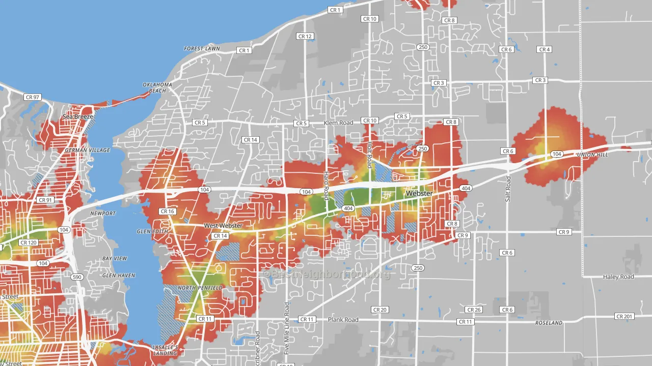Walk Grade map of Webster, NY, walkable areas in green and car-dependent areas in red