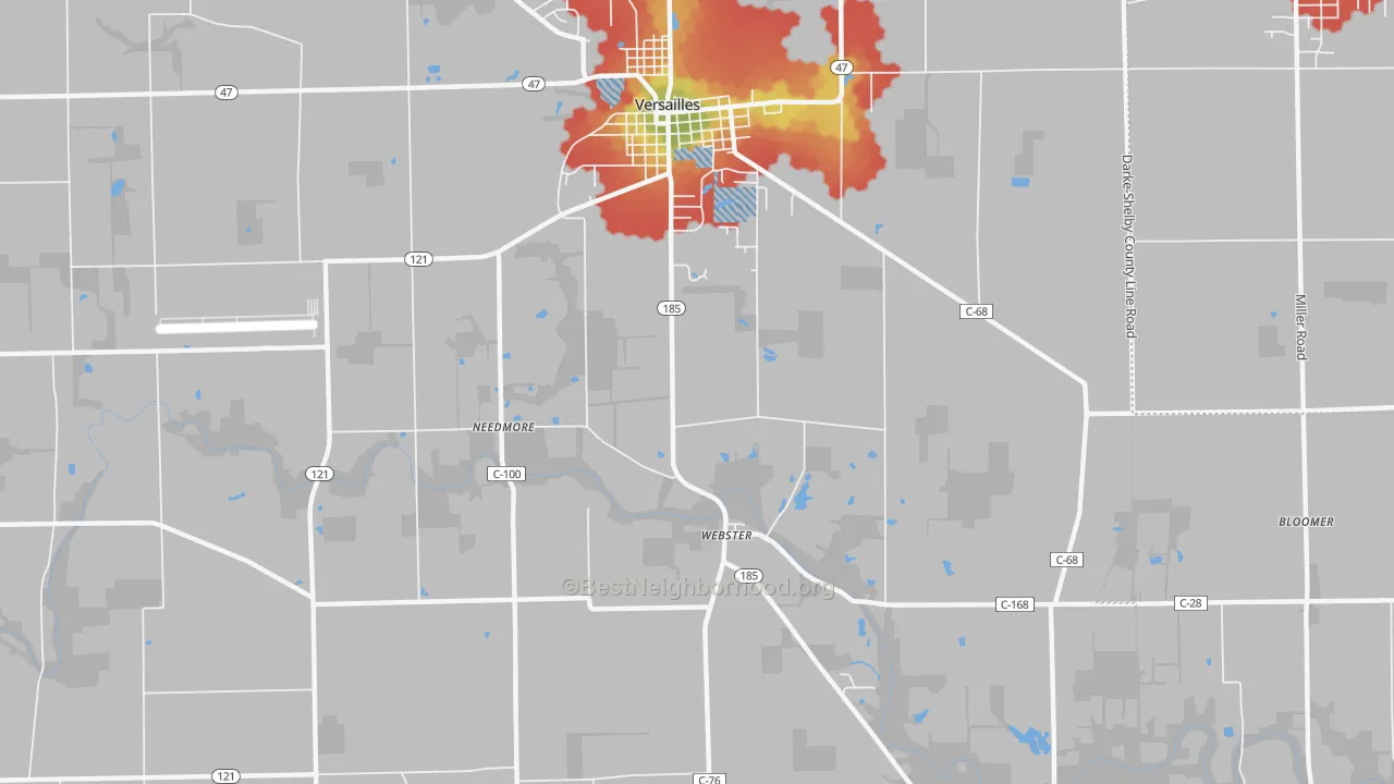 Walk Grade map of Webster, OH, walkable areas in green and car-dependent areas in red