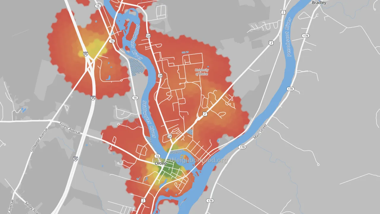 Walk Grade map of Webster, Orono, ME, walkable areas in green and car-dependent areas in red