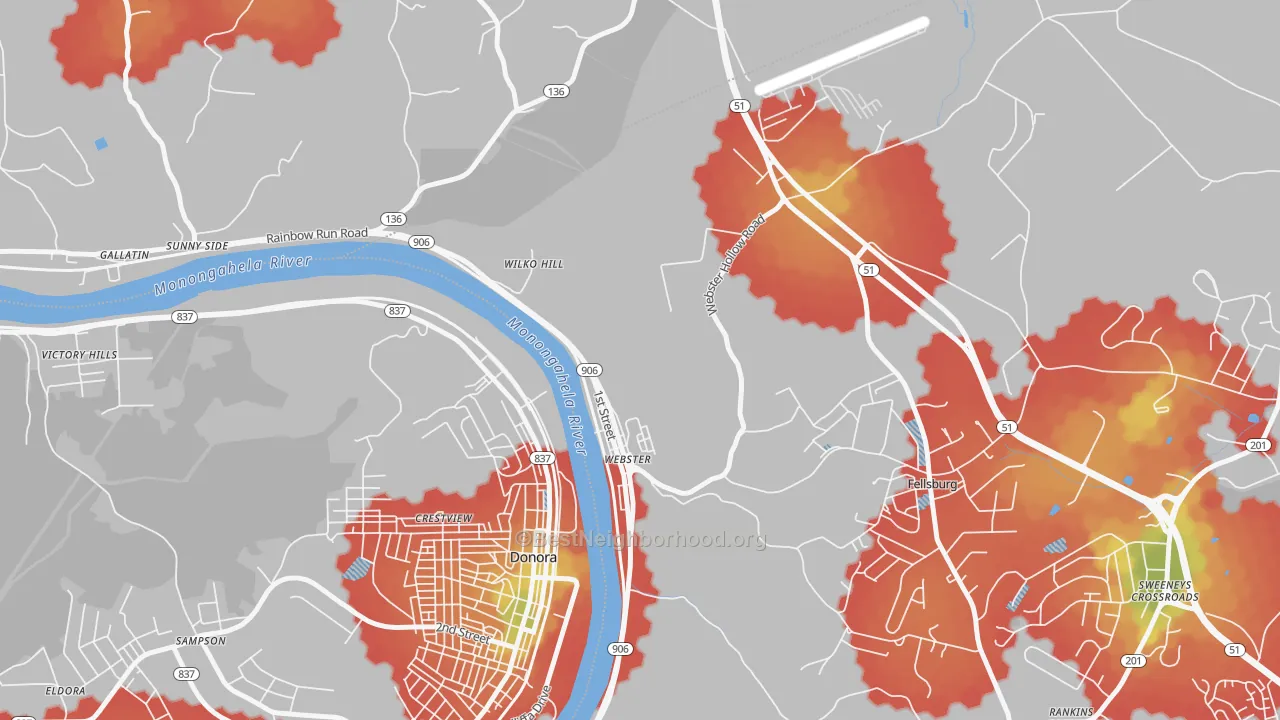 Walk Grade map of Webster, PA, walkable areas in green and car-dependent areas in red