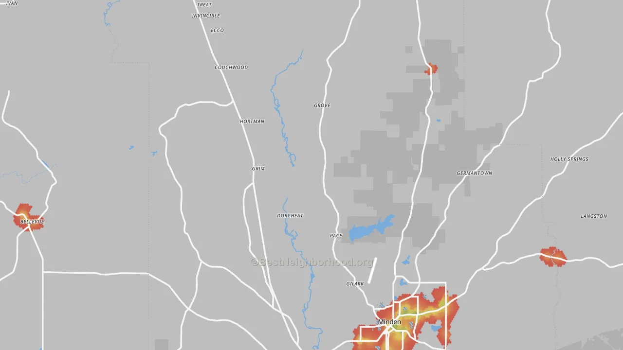 Walk Grade map of Webster Parish, LA, walkable areas in green and car-dependent areas in red