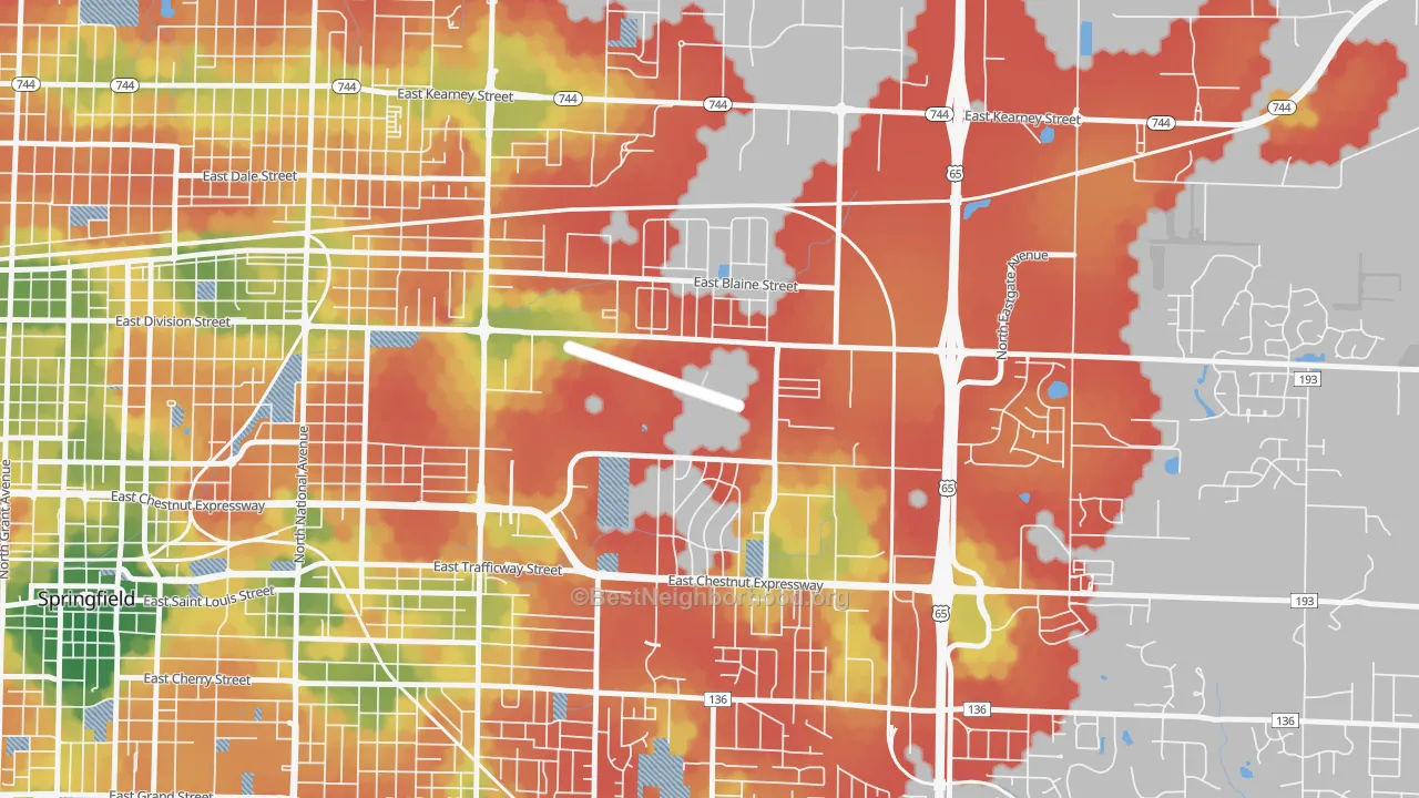 Walk Grade map of Webster Park-Shady Dell, Springfield, MO, walkable areas in green and car-dependent areas in red