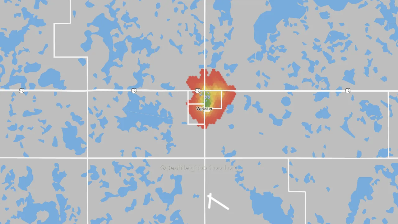 Walk Grade map of Webster, SD, walkable areas in green and car-dependent areas in red