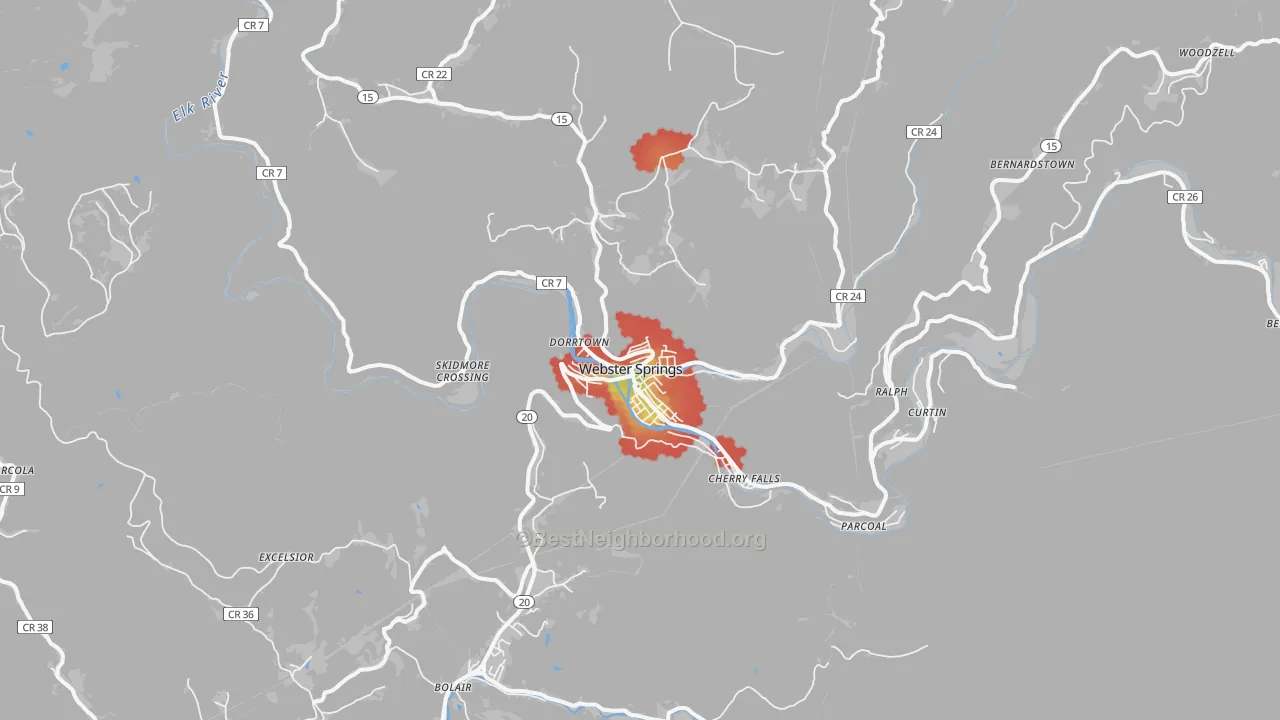 Walk Grade map of Webster Springs, WV, walkable areas in green and car-dependent areas in red