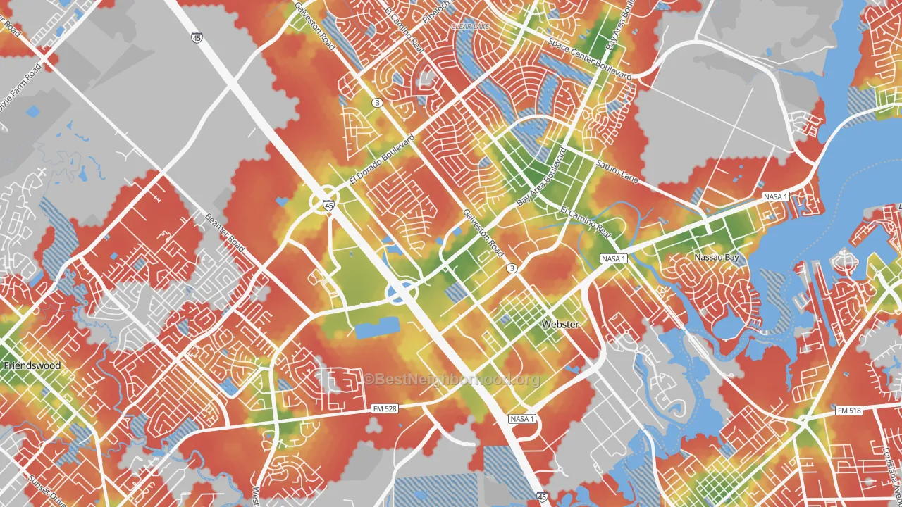 Walk Grade map of Webster, TX, walkable areas in green and car-dependent areas in red
