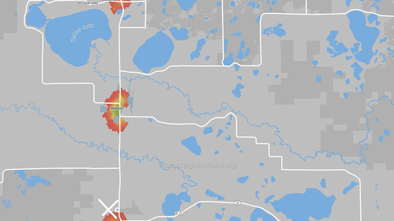Walk Grade map of Webster, WI, walkable areas in green and car-dependent areas in red