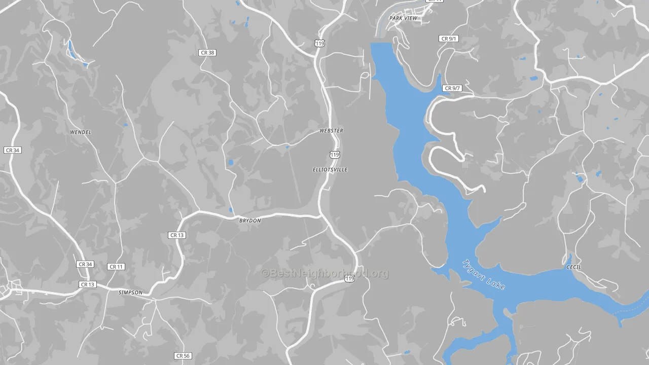 Walk Grade map of Webster, WV, walkable areas in green and car-dependent areas in red