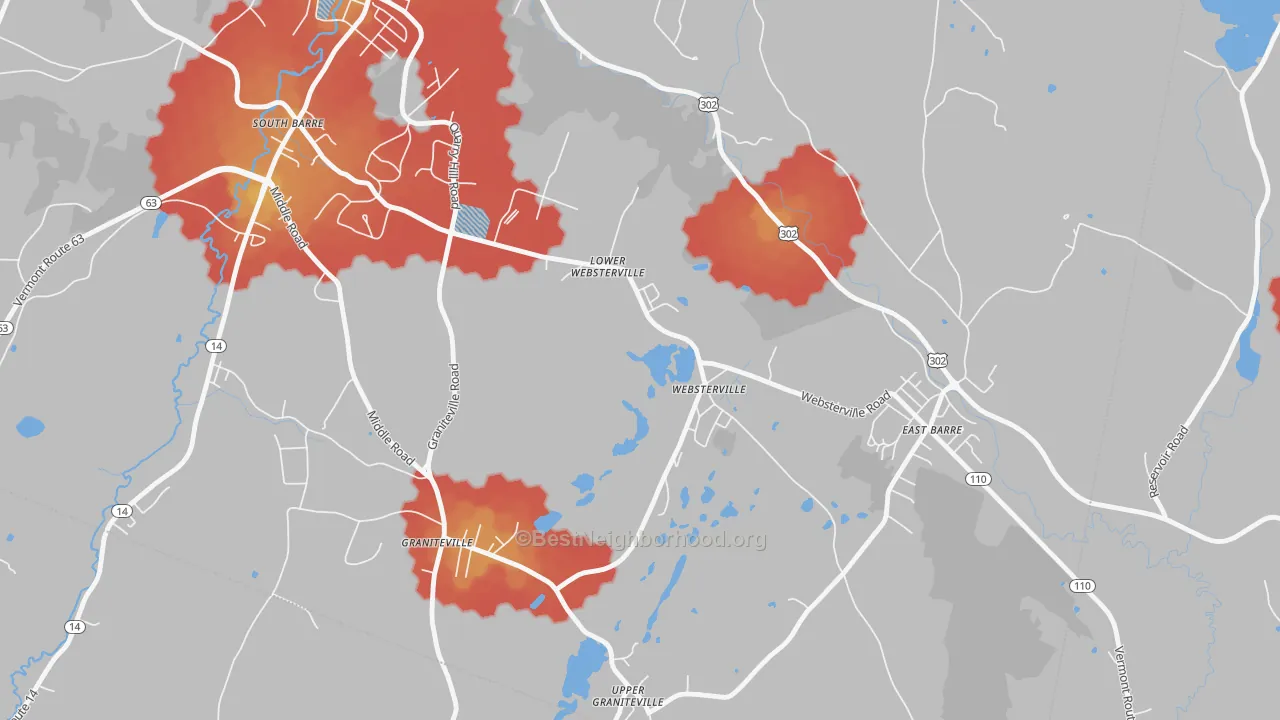 Walk Grade map of Websterville, VT, walkable areas in green and car-dependent areas in red