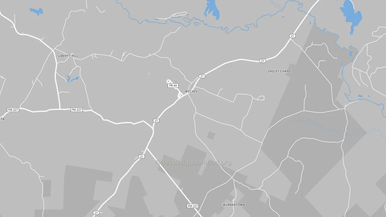 Walk Grade map of Weches, TX, walkable areas in green and car-dependent areas in red
