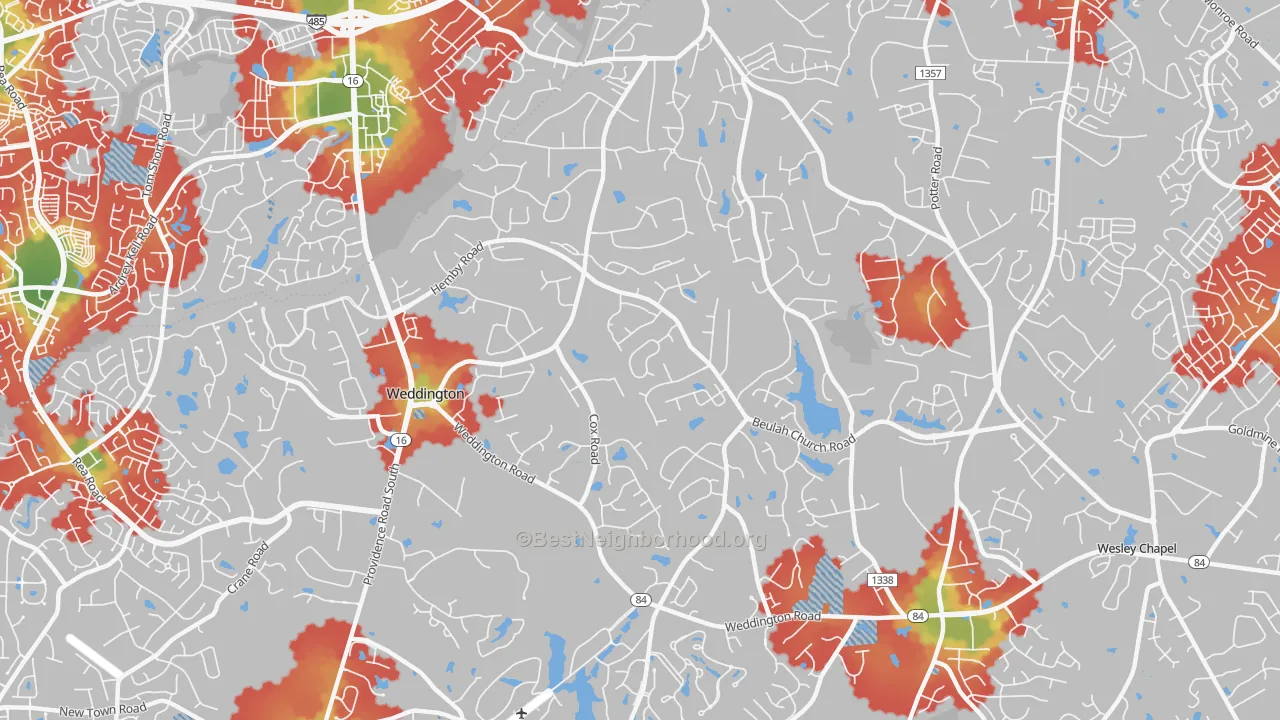 Walk Grade map of Weddington, NC, walkable areas in green and car-dependent areas in red