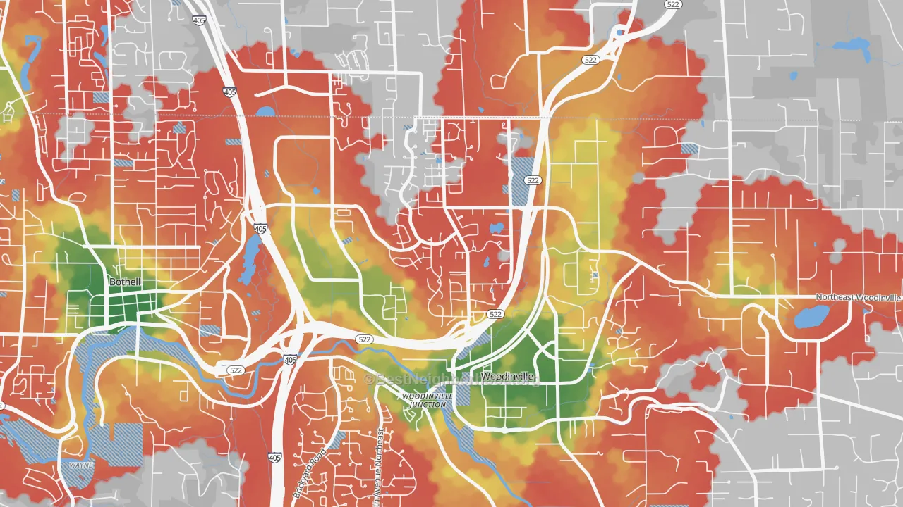 Walk Grade map of Wedge, Woodinville, WA, walkable areas in green and car-dependent areas in red