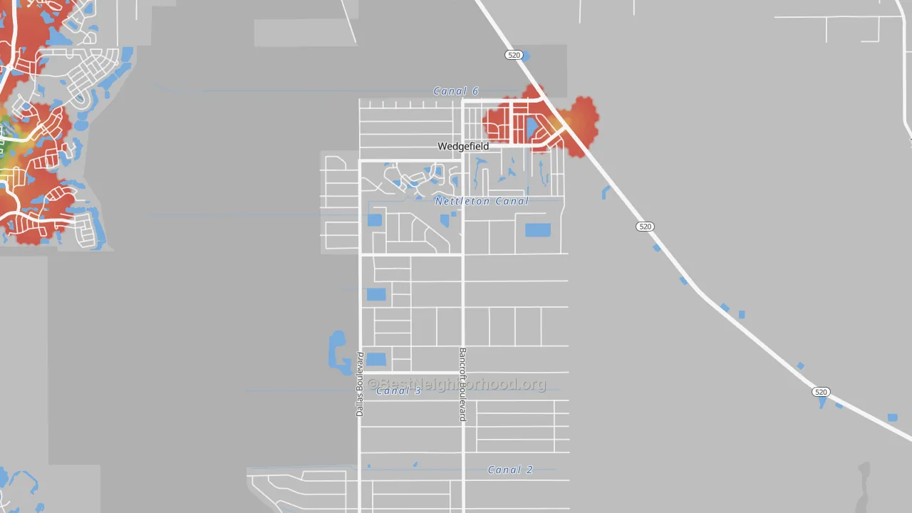 Walk Grade map of Wedgefield, FL, walkable areas in green and car-dependent areas in red