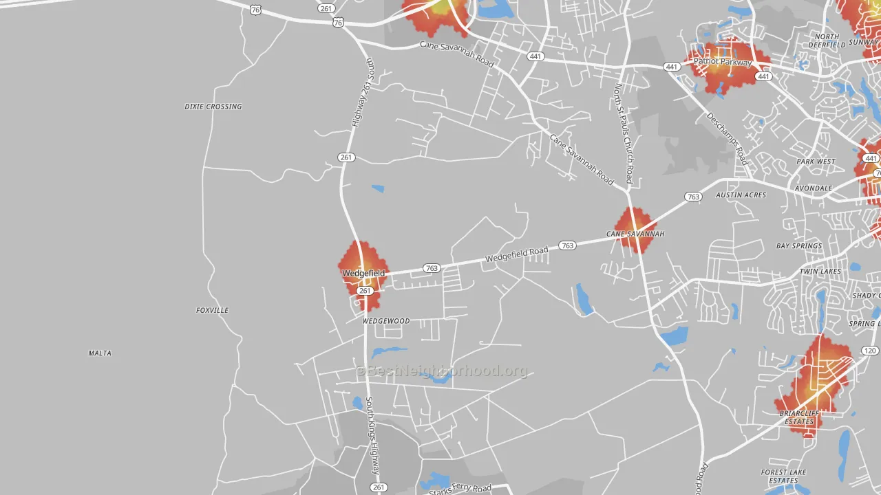 Walk Grade map of Wedgefield, SC, walkable areas in green and car-dependent areas in red