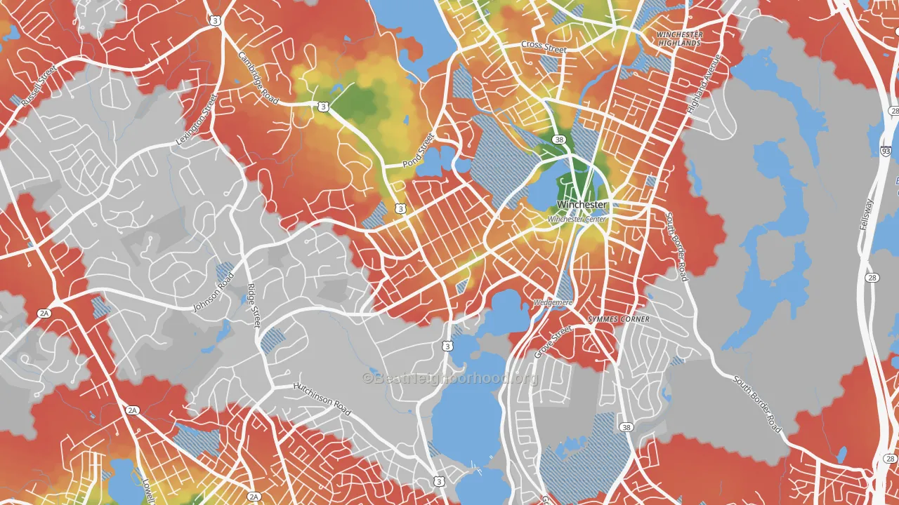 Walk Grade map of Wedgemere Historic District, Winchester, MA, walkable areas in green and car-dependent areas in red
