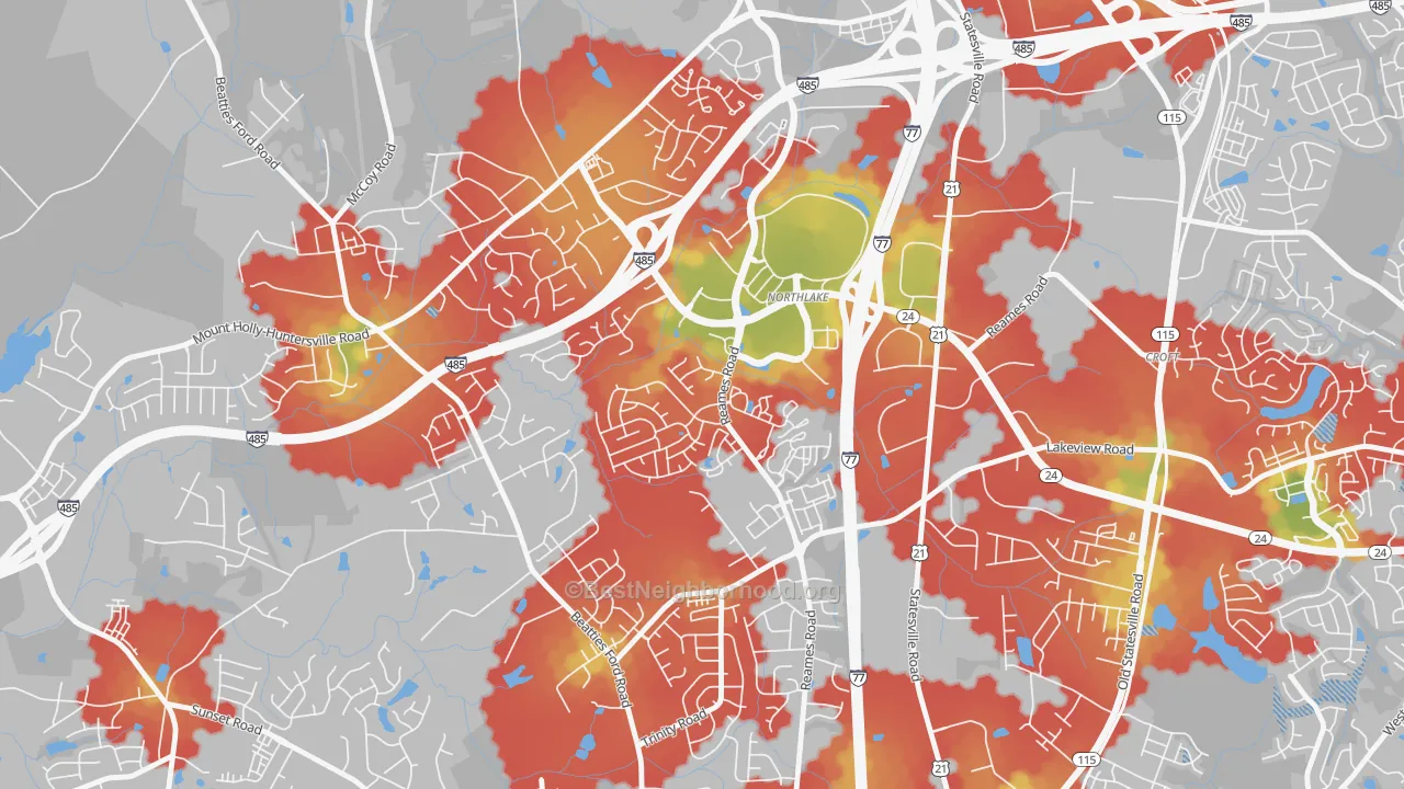 Walk Grade map of Wedgewood, Charlotte, NC, walkable areas in green and car-dependent areas in red