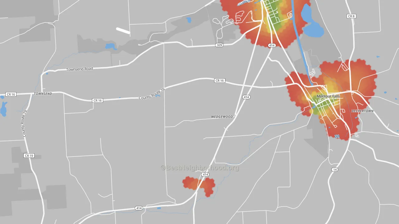 Walk Grade map of Wedgewood, NY, walkable areas in green and car-dependent areas in red
