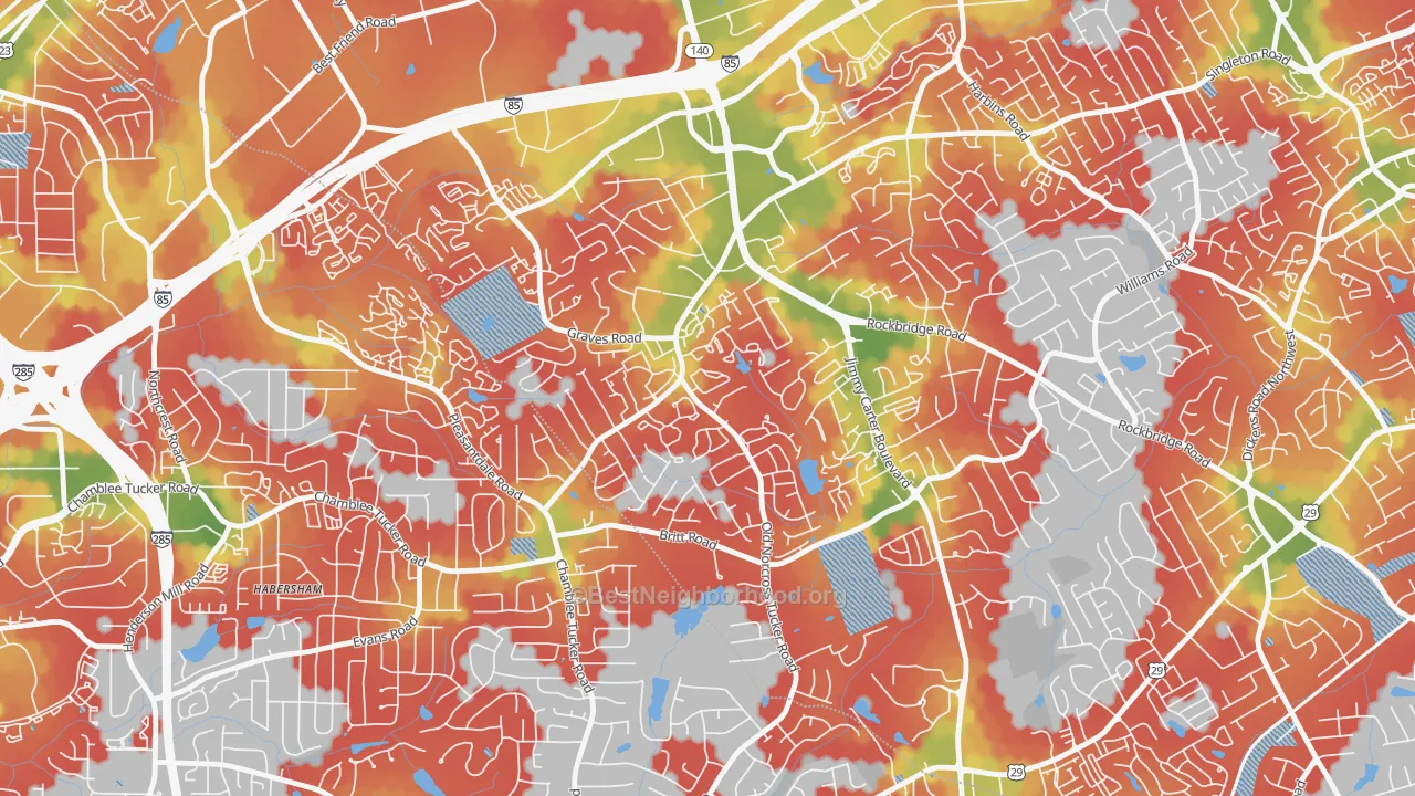 Walk Grade map of Wedgewood, Tucker, GA, walkable areas in green and car-dependent areas in red