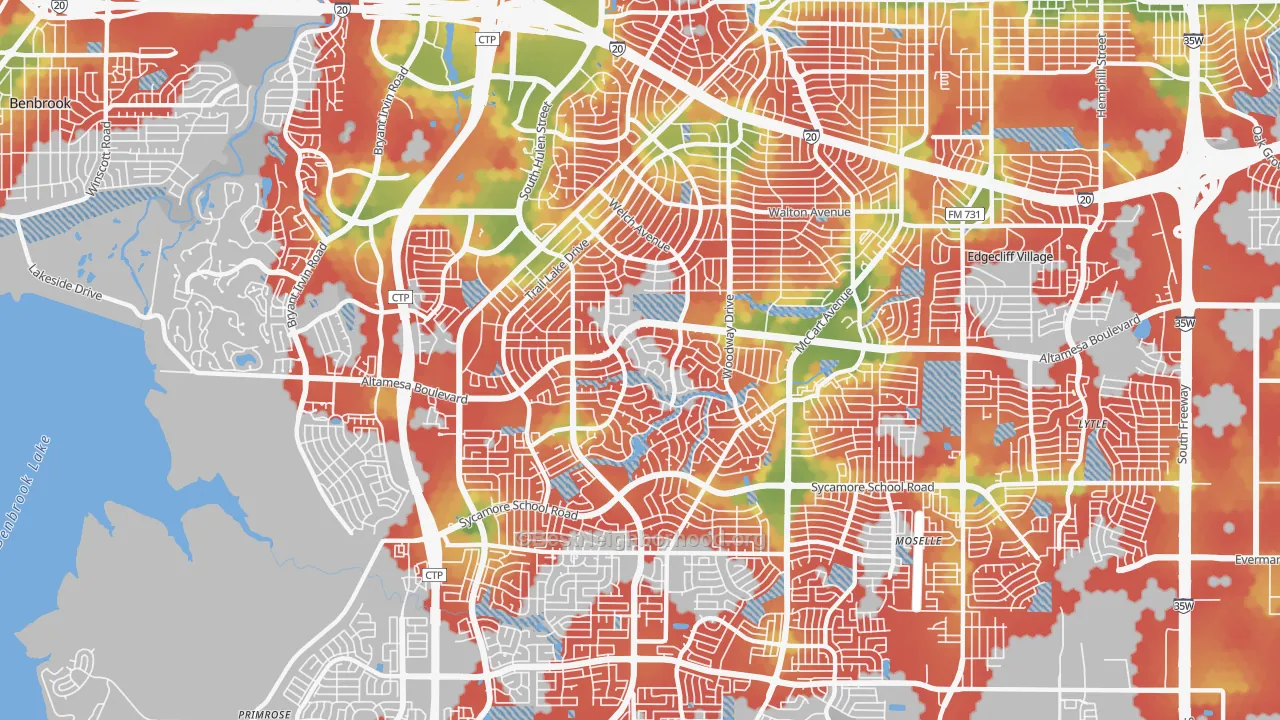 Walk Grade map of Wedgwood, Fort Worth, TX, walkable areas in green and car-dependent areas in red