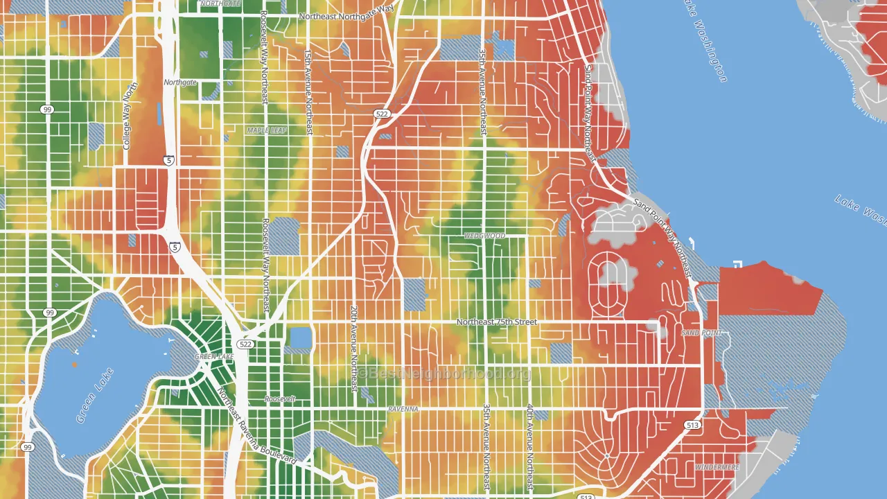 Walk Grade map of Wedgwood, Seattle, WA, walkable areas in green and car-dependent areas in red