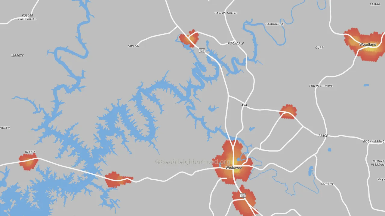 Walk Grade map of Wedowee, AL, walkable areas in green and car-dependent areas in red