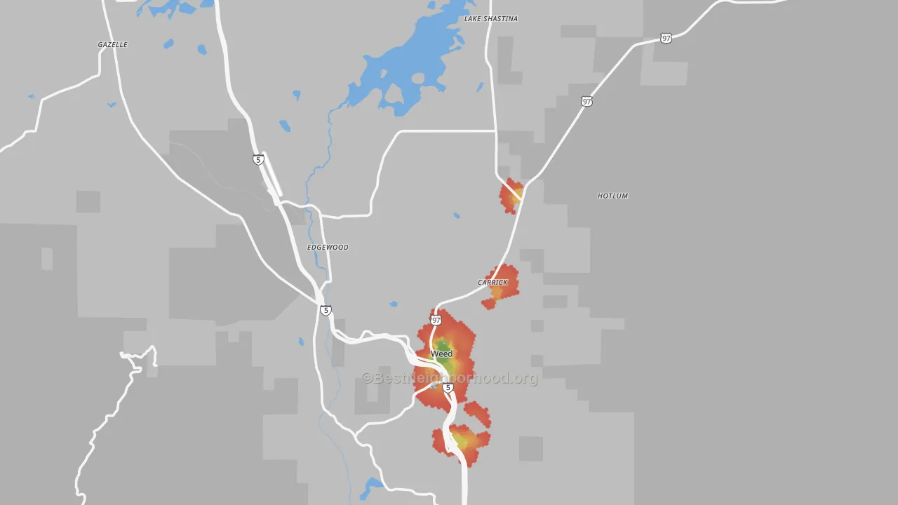 Walk Grade map of Weed, CA, walkable areas in green and car-dependent areas in red