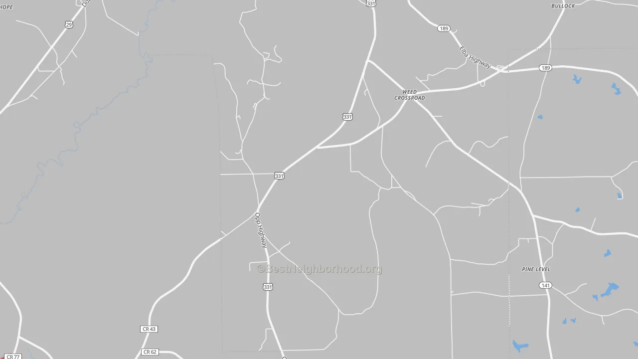 Walk Grade map of Weed Crossroad, AL, walkable areas in green and car-dependent areas in red