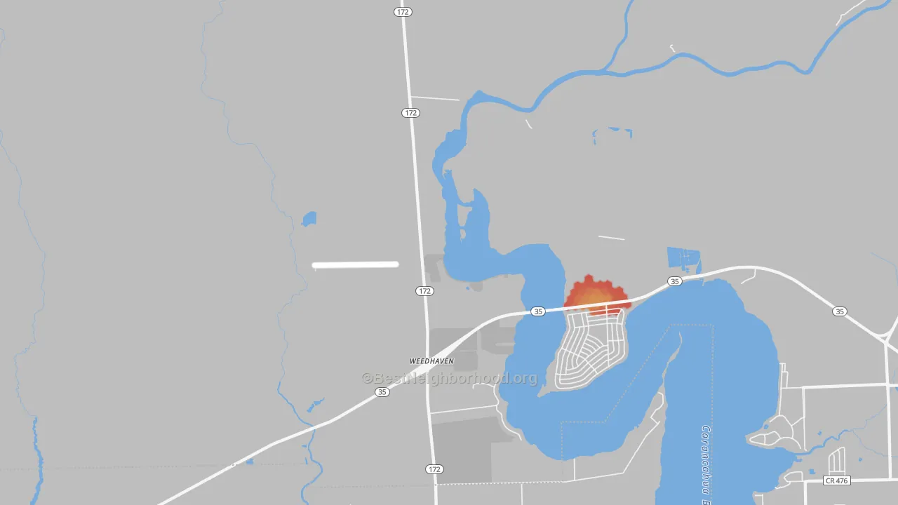 Walk Grade map of Weedhaven, TX, walkable areas in green and car-dependent areas in red