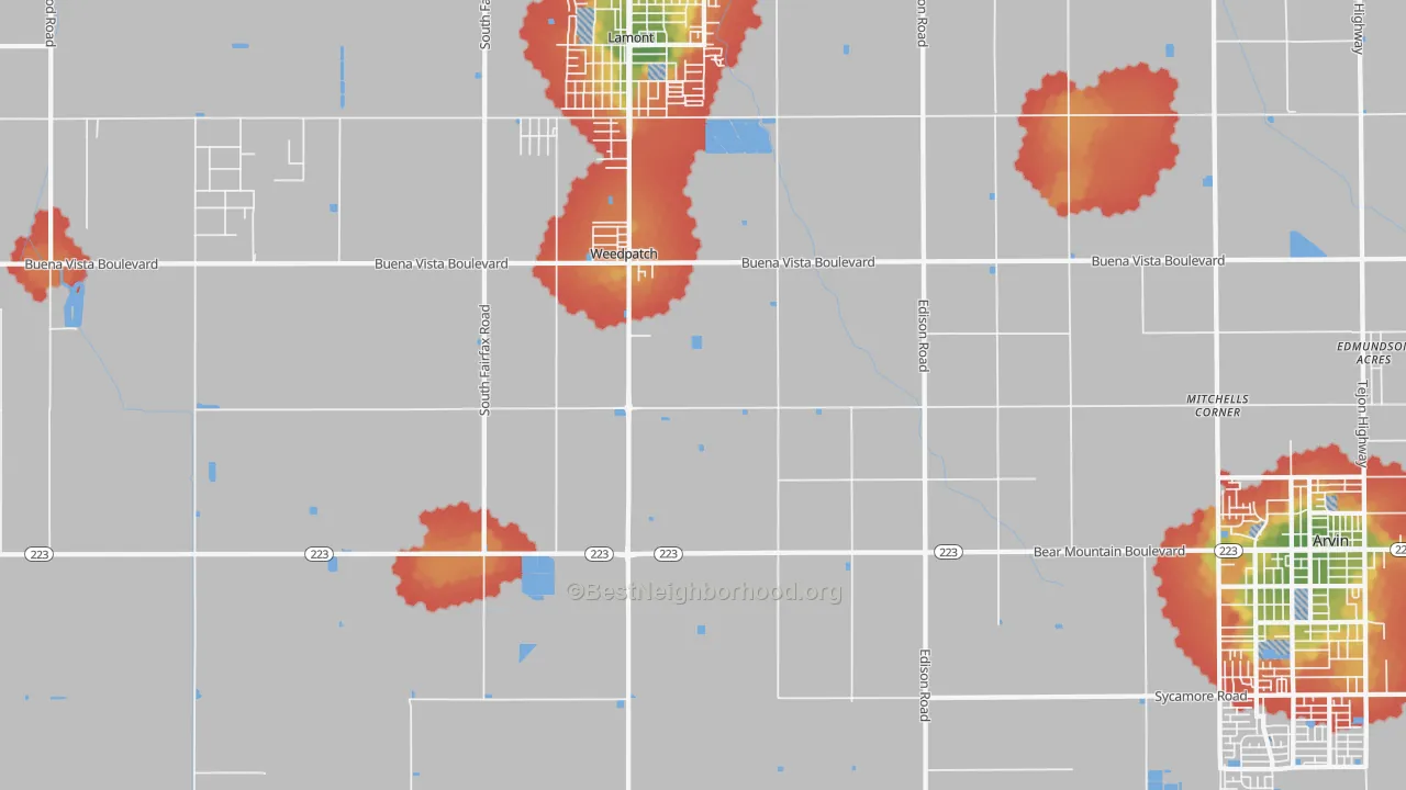 Walk Grade map of Weedpatch, CA, walkable areas in green and car-dependent areas in red