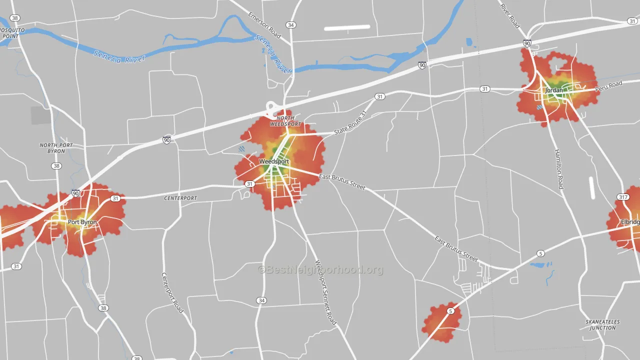 Walk Grade map of Weedsport, NY, walkable areas in green and car-dependent areas in red