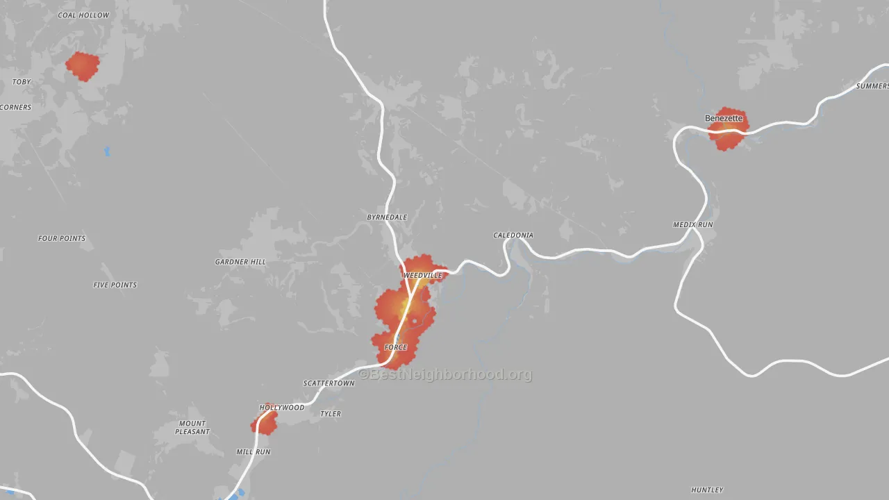 Walk Grade map of Weedville, PA, walkable areas in green and car-dependent areas in red