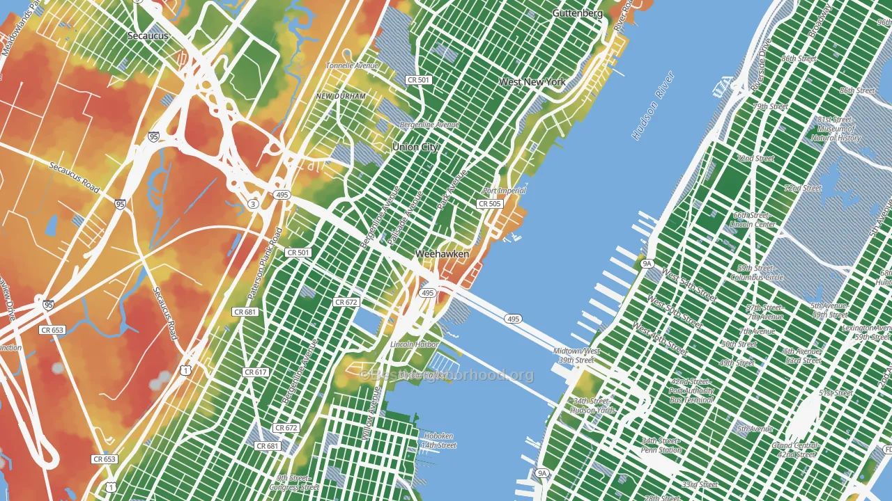 Walk Grade map of Weehawken, NJ, walkable areas in green and car-dependent areas in red