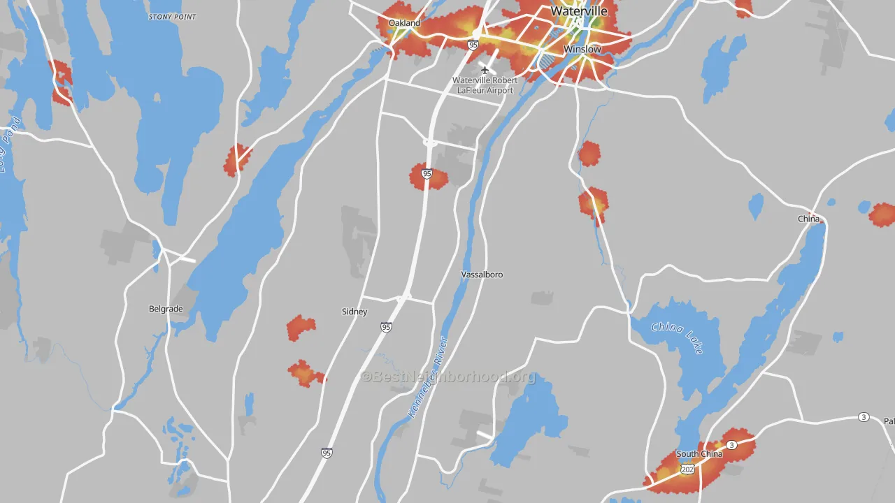 Walk Grade map of Weeks Mills, ME, walkable areas in green and car-dependent areas in red