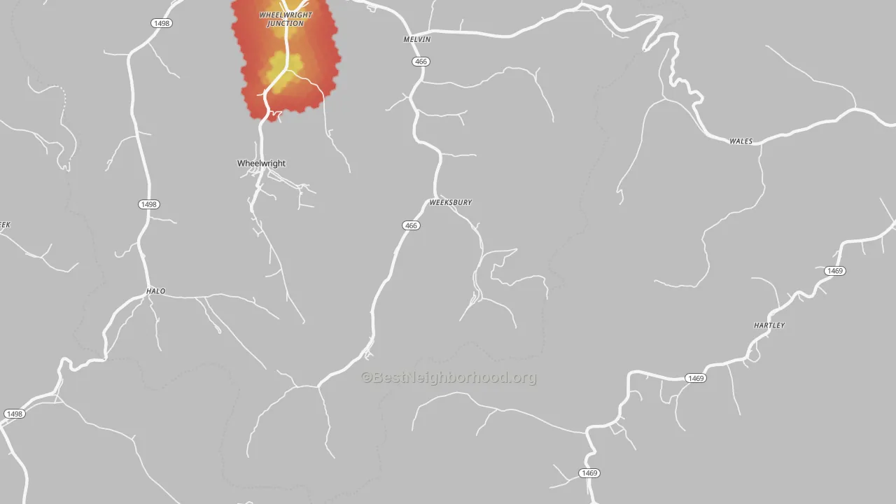 Walk Grade map of Weeksbury, KY, walkable areas in green and car-dependent areas in red