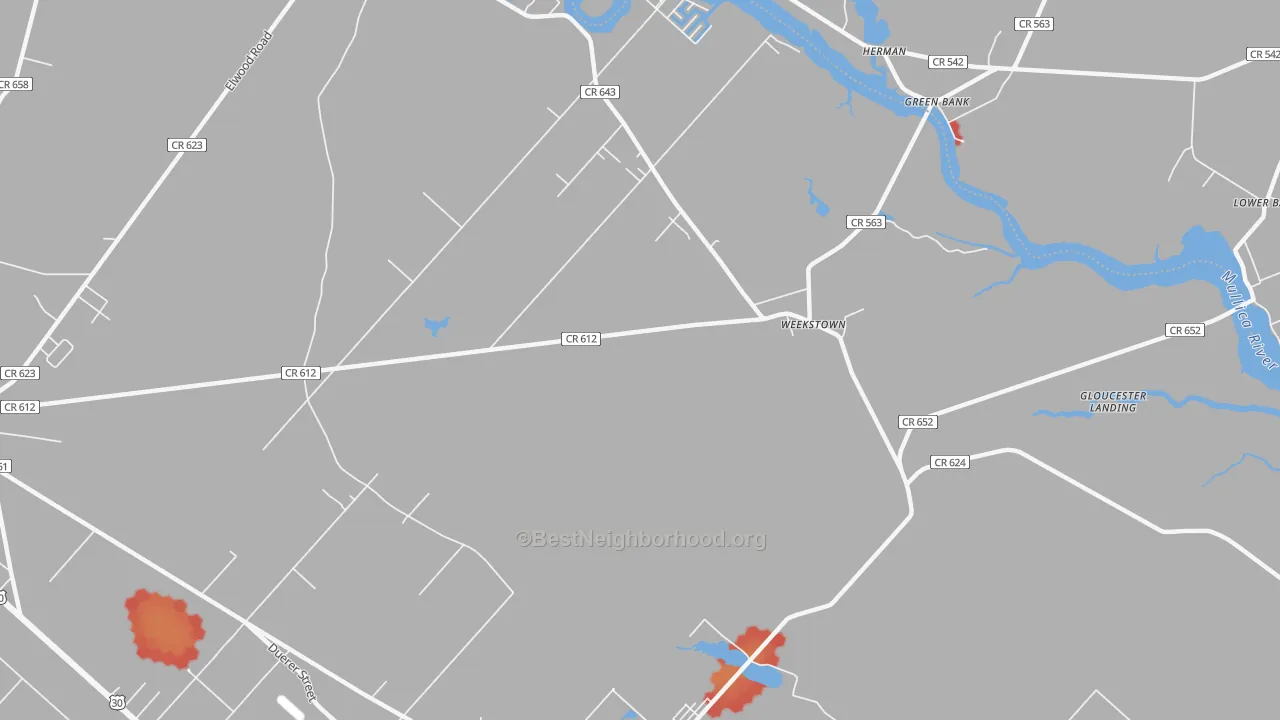 Walk Grade map of Weekstown, NJ, walkable areas in green and car-dependent areas in red