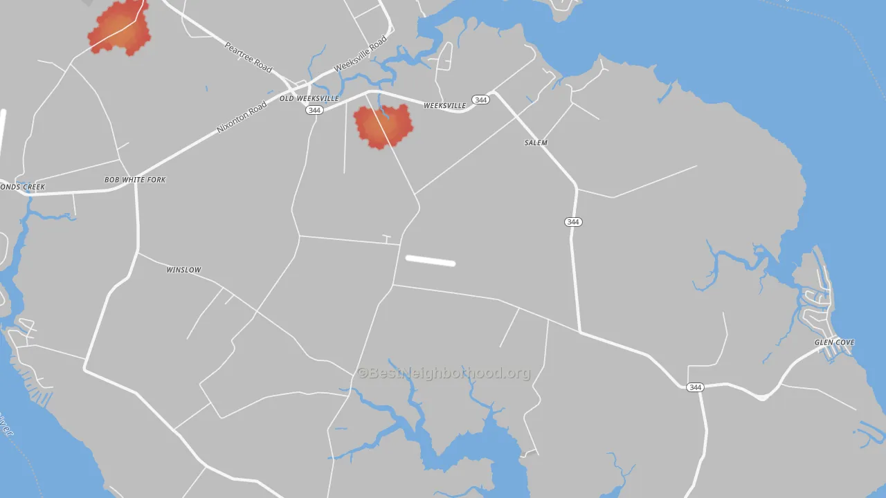 Walk Grade map of Weeksville, NC, walkable areas in green and car-dependent areas in red