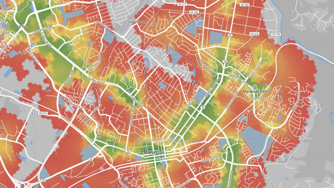 Walk Grade map of Weems, Manassas, VA, walkable areas in green and car-dependent areas in red