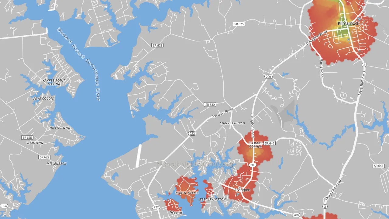 Walk Grade map of Weems, VA, walkable areas in green and car-dependent areas in red