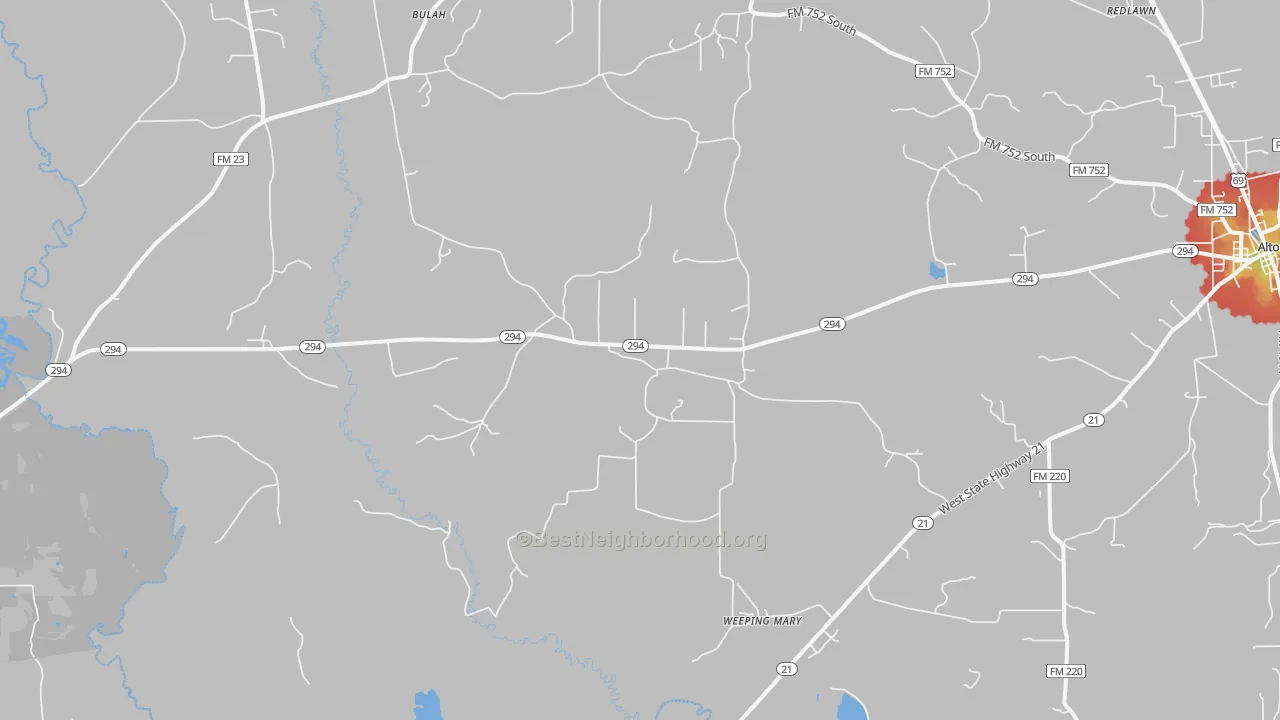 Walk Grade map of Weeping Mary, TX, walkable areas in green and car-dependent areas in red