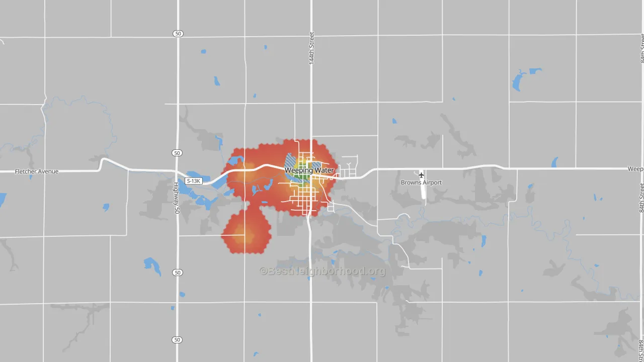 Walk Grade map of Weeping Water, NE, walkable areas in green and car-dependent areas in red