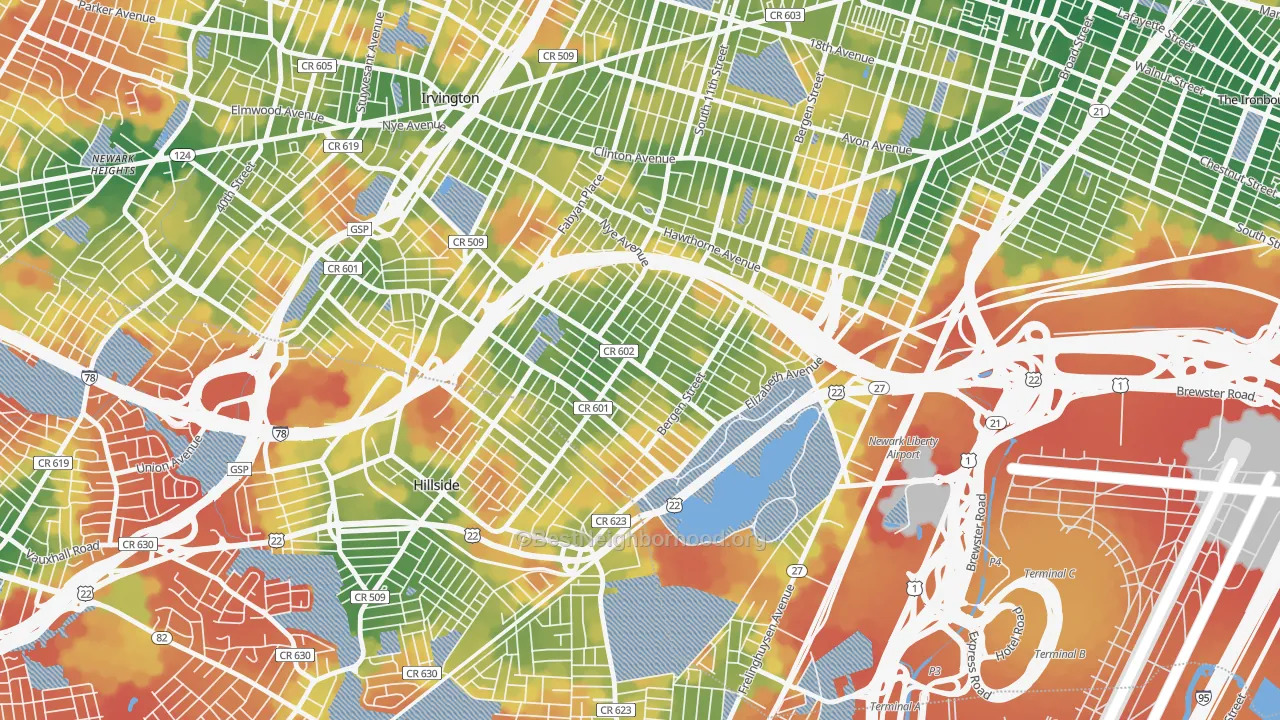 Walk Grade map of Weequahic, Newark, NJ, walkable areas in green and car-dependent areas in red