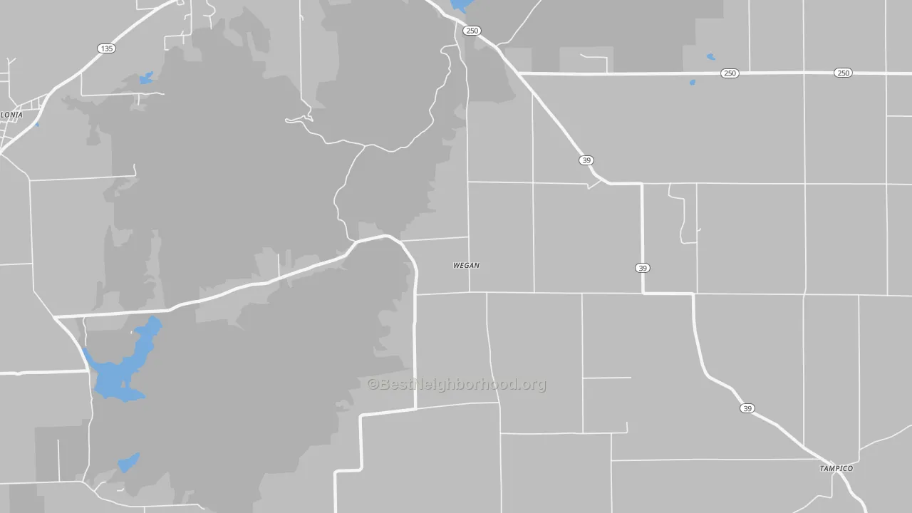 Walk Grade map of Wegan, IN, walkable areas in green and car-dependent areas in red
