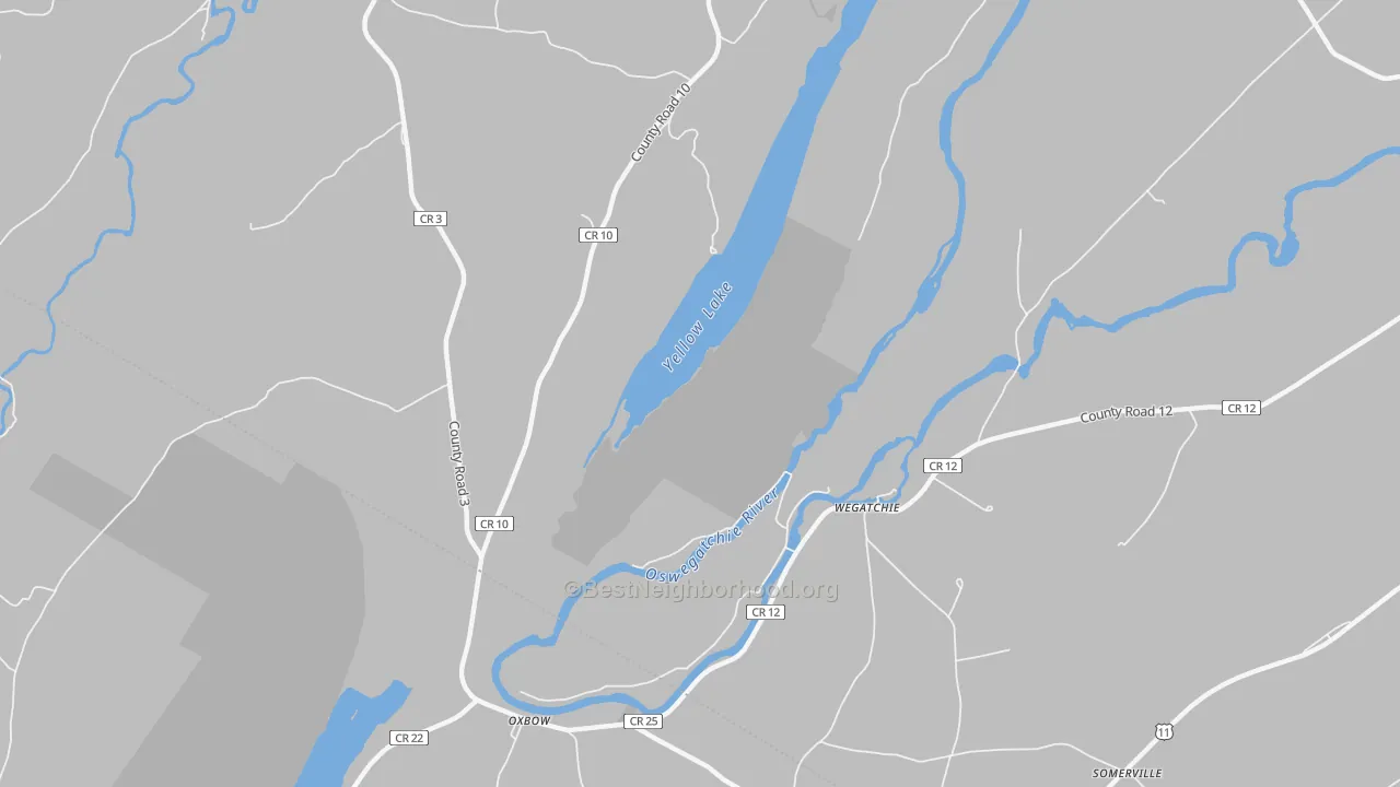 Walk Grade map of Wegatchie, NY, walkable areas in green and car-dependent areas in red